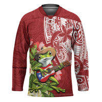 Puerto Rico Coqui Frog Hockey Jersey Tropical Flowers Polynesian Style LT05 Unisex Red - Polynesian Pride