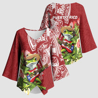 Puerto Rico Coqui Frog Kimono Sleeve Blouse Tropical Flowers Polynesian Style LT05 - Polynesian Pride