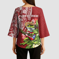 Puerto Rico Coqui Frog Kimono Sleeve Blouse Tropical Flowers Polynesian Style LT05 - Polynesian Pride