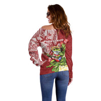 Puerto Rico Coqui Frog Off Shoulder Sweater Tropical Flowers Polynesian Style - Polynesian Pride