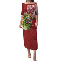 Puerto Rico Coqui Frog Puletasi Tropical Flowers Polynesian Style LT05 Long Dress Red - Polynesian Pride
