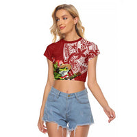 Puerto Rico Coqui Frog Raglan Cropped T Shirt Tropical Flowers Polynesian Style LT05 Female Red - Polynesian Pride