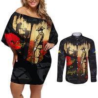 Tokelau ANZAC Day Couples Matching Off Shoulder Short Dress and Long Sleeve Button Shirt Lest We Forget LT05 Black - Polynesian Pride