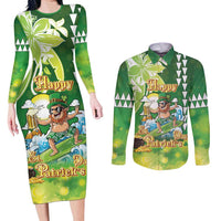 Hawaii Saint Patrick's Day Couples Matching Long Sleeve Bodycon Dress and Long Sleeve Button Shirt Funny Surfing Leprechaun LT05 Green - Polynesian Pride