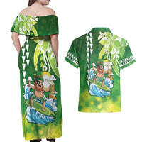 Hawaii Saint Patrick's Day Couples Matching Off Shoulder Maxi Dress and Hawaiian Shirt Funny Surfing Leprechaun LT05 - Polynesian Pride