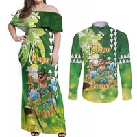 Hawaii Saint Patrick's Day Couples Matching Off Shoulder Maxi Dress and Long Sleeve Button Shirt Funny Surfing Leprechaun LT05 Green - Polynesian Pride