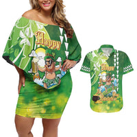 Hawaii Saint Patrick's Day Couples Matching Off Shoulder Short Dress and Hawaiian Shirt Funny Surfing Leprechaun LT05 Green - Polynesian Pride