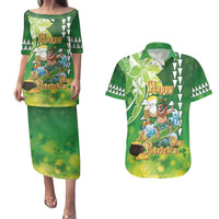 Hawaii Saint Patrick's Day Couples Matching Puletasi and Hawaiian Shirt Funny Surfing Leprechaun LT05 Green - Polynesian Pride