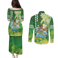 Hawaii Saint Patrick's Day Couples Matching Puletasi and Long Sleeve Button Shirt Funny Surfing Leprechaun LT05 - Polynesian Pride