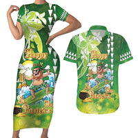 Hawaii Saint Patrick's Day Couples Matching Short Sleeve Bodycon Dress and Hawaiian Shirt Funny Surfing Leprechaun LT05 Green - Polynesian Pride