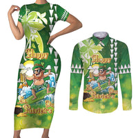 Hawaii Saint Patrick's Day Couples Matching Short Sleeve Bodycon Dress and Long Sleeve Button Shirt Funny Surfing Leprechaun LT05 Green - Polynesian Pride