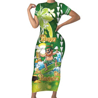 Hawaii Saint Patrick's Day Family Matching Short Sleeve Bodycon Dress and Hawaiian Shirt Funny Surfing Leprechaun