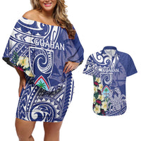 Personalised Hafa Adai Guam Couples Matching Off Shoulder Short Dress and Hawaiian Shirt Latte Stone With Coconut Crab LT05 Blue - Polynesian Pride