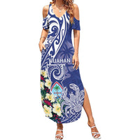 Personalised Hafa Adai Guam Summer Maxi Dress Latte Stone With Coconut Crab LT05 Women Blue - Polynesian Pride