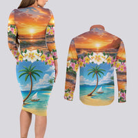Guam Couples Matching Long Sleeve Bodycon Dress and Long Sleeve Button Shirt Eternal Summer Sunset Beach LT05 - Polynesian Pride