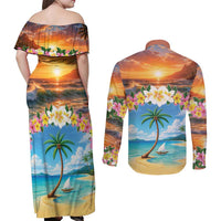 Guam Couples Matching Off Shoulder Maxi Dress and Long Sleeve Button Shirt Eternal Summer Sunset Beach LT05 - Polynesian Pride