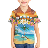 Guam Family Matching Off The Shoulder Long Sleeve Dress and Hawaiian Shirt Eternal Summer Sunset Beach