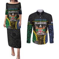 Personalised South Sea Islanders And Fiji Couples Matching Puletasi and Long Sleeve Button Shirt Kanakas Fijian Tapa Pattern LT05 Black - Polynesian Pride