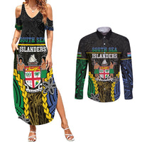 Personalised South Sea Islanders And Fiji Couples Matching Summer Maxi Dress and Long Sleeve Button Shirt Kanakas Fijian Tapa Pattern LT05 Black - Polynesian Pride