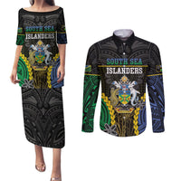 Personalised South Sea Islanders And Solomon Islands Couples Matching Puletasi and Long Sleeve Button Shirt Kanakas Polynesian Pattern LT05 Black - Polynesian Pride