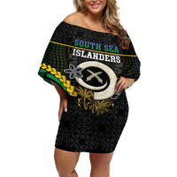 Personalised South Sea Islanders And Vanuatu Off Shoulder Short Dress Kanakas Sand Drawing Pattern LT05 Women Black - Polynesian Pride
