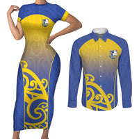 Custom James Cook High School Couples Matching Short Sleeve Bodycon Dress and Long Sleeve Button Shirt Maori Koru Pattern LT05 Blue - Polynesian Pride