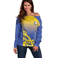 Custom James Cook High School Off Shoulder Sweater Maori Koru Pattern LT05 Women Blue - Polynesian Pride
