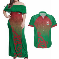 Custom Onehunga High School Couples Matching Off Shoulder Maxi Dress and Hawaiian Shirt Maori Koru Pattern LT05 Green - Polynesian Pride