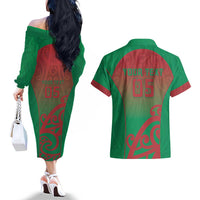 Custom Onehunga High School Couples Matching Off The Shoulder Long Sleeve Dress and Hawaiian Shirt Maori Koru Pattern