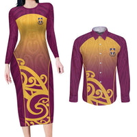Custom Waiuku College Couples Matching Long Sleeve Bodycon Dress and Long Sleeve Button Shirt Maori Koru Pattern LT05 Maroon - Polynesian Pride
