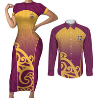 Custom Waiuku College Couples Matching Short Sleeve Bodycon Dress and Long Sleeve Button Shirt Maori Koru Pattern LT05 Maroon - Polynesian Pride