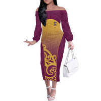 Custom Waiuku College Off The Shoulder Long Sleeve Dress Maori Koru Pattern LT05 Women Maroon - Polynesian Pride