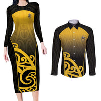 Custom Motueka High School Couples Matching Long Sleeve Bodycon Dress and Long Sleeve Button Shirt Maori Koru Pattern LT05 Black - Polynesian Pride