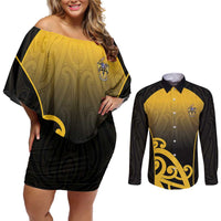 Custom Motueka High School Couples Matching Off Shoulder Short Dress and Long Sleeve Button Shirt Maori Koru Pattern LT05 Black - Polynesian Pride