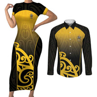 Custom Motueka High School Couples Matching Short Sleeve Bodycon Dress and Long Sleeve Button Shirt Maori Koru Pattern LT05 Black - Polynesian Pride