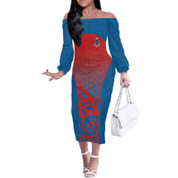 Custom St Joseph's Maori Girls' College Off The Shoulder Long Sleeve Dress Maori Koru Pattern LT05 Women Blue - Polynesian Pride