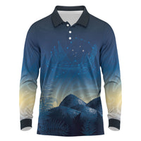 New Zealand Matariki Long Sleeve Polo Shirt Maori Waka With Silver Fern LT05 Navy - Polynesian Pride