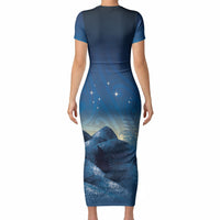 New Zealand Matariki Short Sleeve Bodycon Dress Maori Waka With Silver Fern LT05 - Polynesian Pride