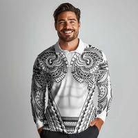 Polynesian Tattoo Inspired Cosplay Costume Long Sleeve Polo Shirt Tribal Warrior White LT05 - Polynesian Pride