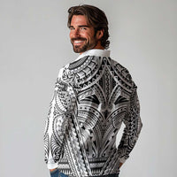 Polynesian Tattoo Inspired Cosplay Costume Long Sleeve Polo Shirt Tribal Warrior White LT05 - Polynesian Pride
