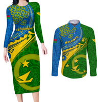 Personalized Malampa Day Couples Matching Long Sleeve Bodycon Dress and Long Sleeve Button Shirts Sand Drawing Vanuatuan Pattern LT05 Green - Polynesian Pride