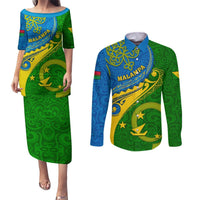 Personalized Malampa Day Couples Matching Puletasi Dress and Long Sleeve Button Shirts Sand Drawing Vanuatuan Pattern LT05 Green - Polynesian Pride
