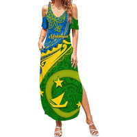 Personalized Malampa Day Summer Maxi Dress Sand Drawing Vanuatuan Pattern LT05 Women Green - Polynesian Pride