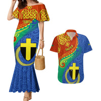 Tafea Day Couples Matching Mermaid Dress and Hawaiian Shirt Sand Drawing Vanuatuan Pattern LT05 Blue - Polynesian Pride