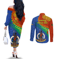 Tafea Day Couples Matching Off The Shoulder Long Sleeve Dress and Long Sleeve Button Shirts Sand Drawing Vanuatuan Pattern LT05 - Polynesian Pride