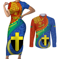 Tafea Day Couples Matching Short Sleeve Bodycon Dress and Long Sleeve Button Shirts Sand Drawing Vanuatuan Pattern LT05 Blue - Polynesian Pride