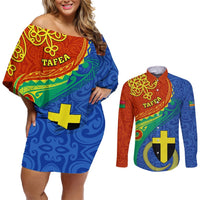 Personalized Tafea Day Couples Matching Off Shoulder Short Dress and Long Sleeve Button Shirts Sand Drawing Vanuatuan Pattern LT05 Blue - Polynesian Pride