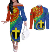 Personalized Tafea Day Couples Matching Off The Shoulder Long Sleeve Dress and Long Sleeve Button Shirts Sand Drawing Vanuatuan Pattern LT05 Blue - Polynesian Pride