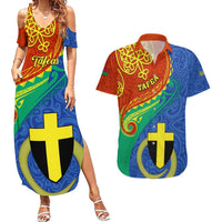 Personalized Tafea Day Couples Matching Summer Maxi Dress and Hawaiian Shirt Sand Drawing Vanuatuan Pattern LT05 Blue - Polynesian Pride