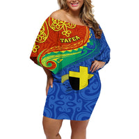 Personalized Tafea Day Off Shoulder Short Dress Sand Drawing Vanuatuan Pattern LT05 Women Blue - Polynesian Pride